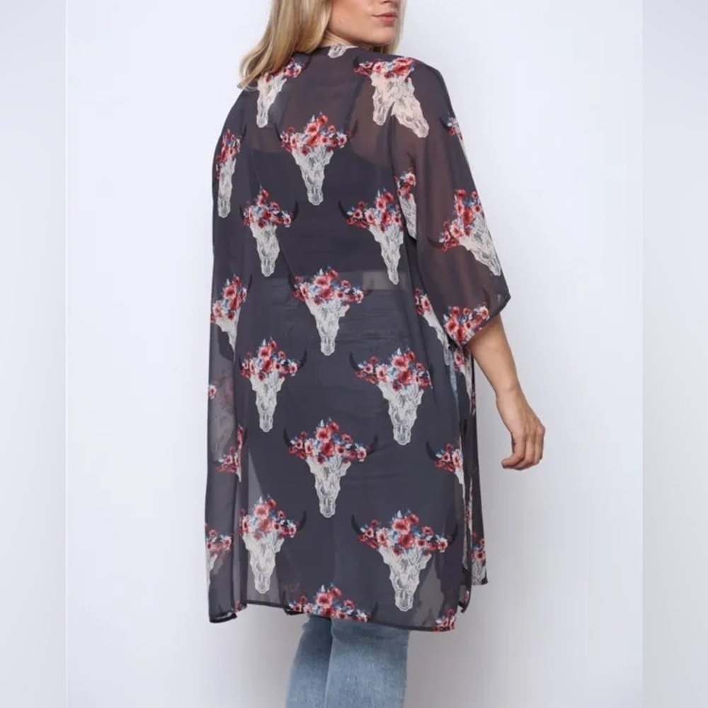 Peach Love California Floral Cow Skull Sheer Kimono